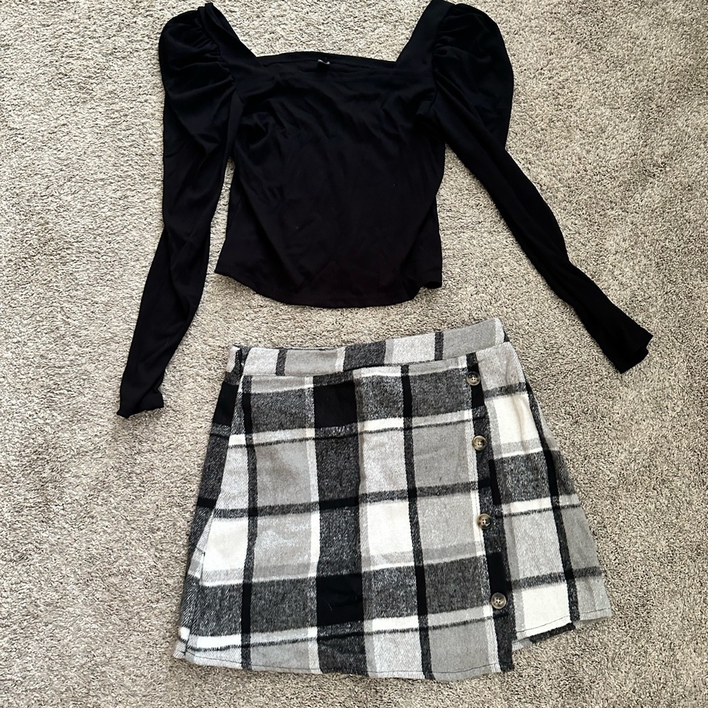 Plaid: black and white flannel skirt and black top